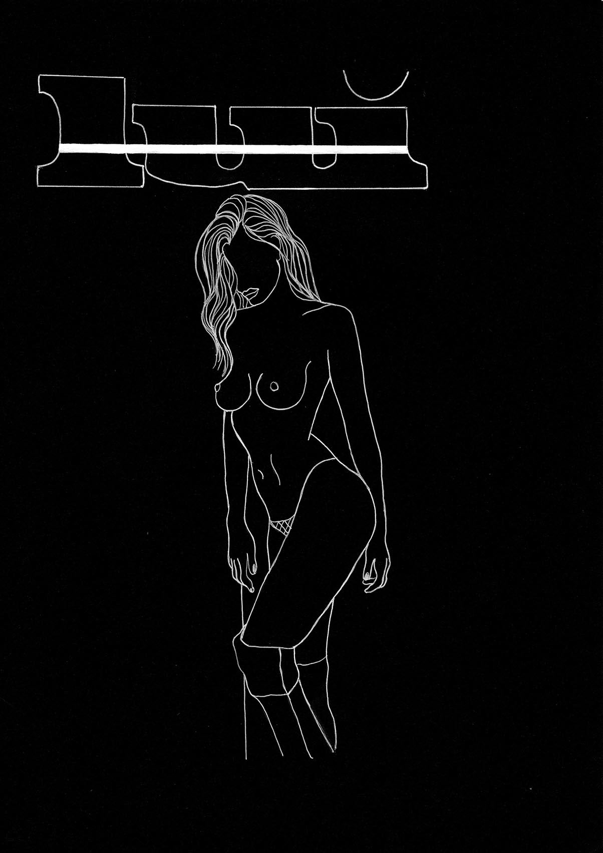 Retrouvez chez Acid Gallery les oeuvres de Nina Van Kidow, galerie d'art contemporain, Vieux Lille | Roller à encre blanc + gouache appliquée au pinceau sur papier noir profond Canson 150g/m2 Rollerball with white ink + gouache applied with a brush on Canson 150g / m2 deep black paper 33 x 45 cm encadré Unique 2020