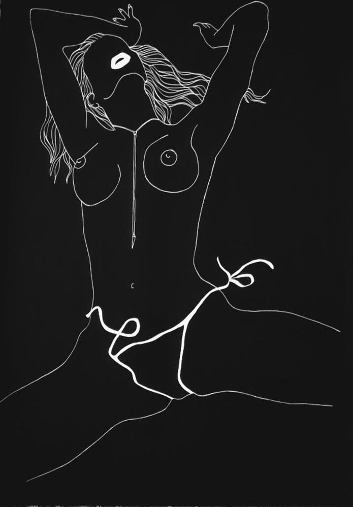 Retrouvez chez Acid Gallery les oeuvres de Nina Van Kidow, galerie d'art contemporain, Vieux Lille | Roller à encre blanc + gouache appliquée au pinceau sur papier noir profond Canson 150g/m2 Rollerball with white ink + gouache applied with a brush on Canson 150g / m2 deep black paper 70 x 100 cm non encadré 73 x 103 cm encadré Unique 2020