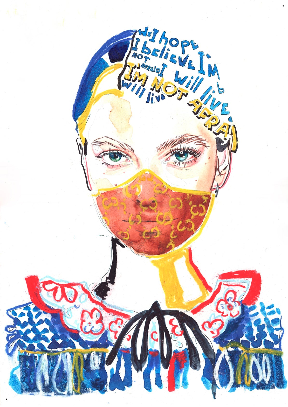 Retrouvez chez Acid Gallery les oeuvres de Zhenya Z, galerie d'art contemporain, Vieux Lille | Aquarelle et pastel sur papier Watercolor, pastel on paper Modèle : Mathilde Hennin Réaction au Covid 19 Dimensions A3 29,7 x 42 cm