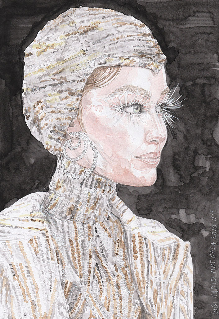 Retrouvez chez Acid Gallery les oeuvres de Melanie De Jong, galerie d'art contemporain, Vieux Lille | Aquarelle et posca Watercolour and paint marker Milliner: Stephen Jones Designer: Michael Kors Custum made for model Gigi Hadid, Met Gala 2019 Dimensions A4 21 x 29,7 2020