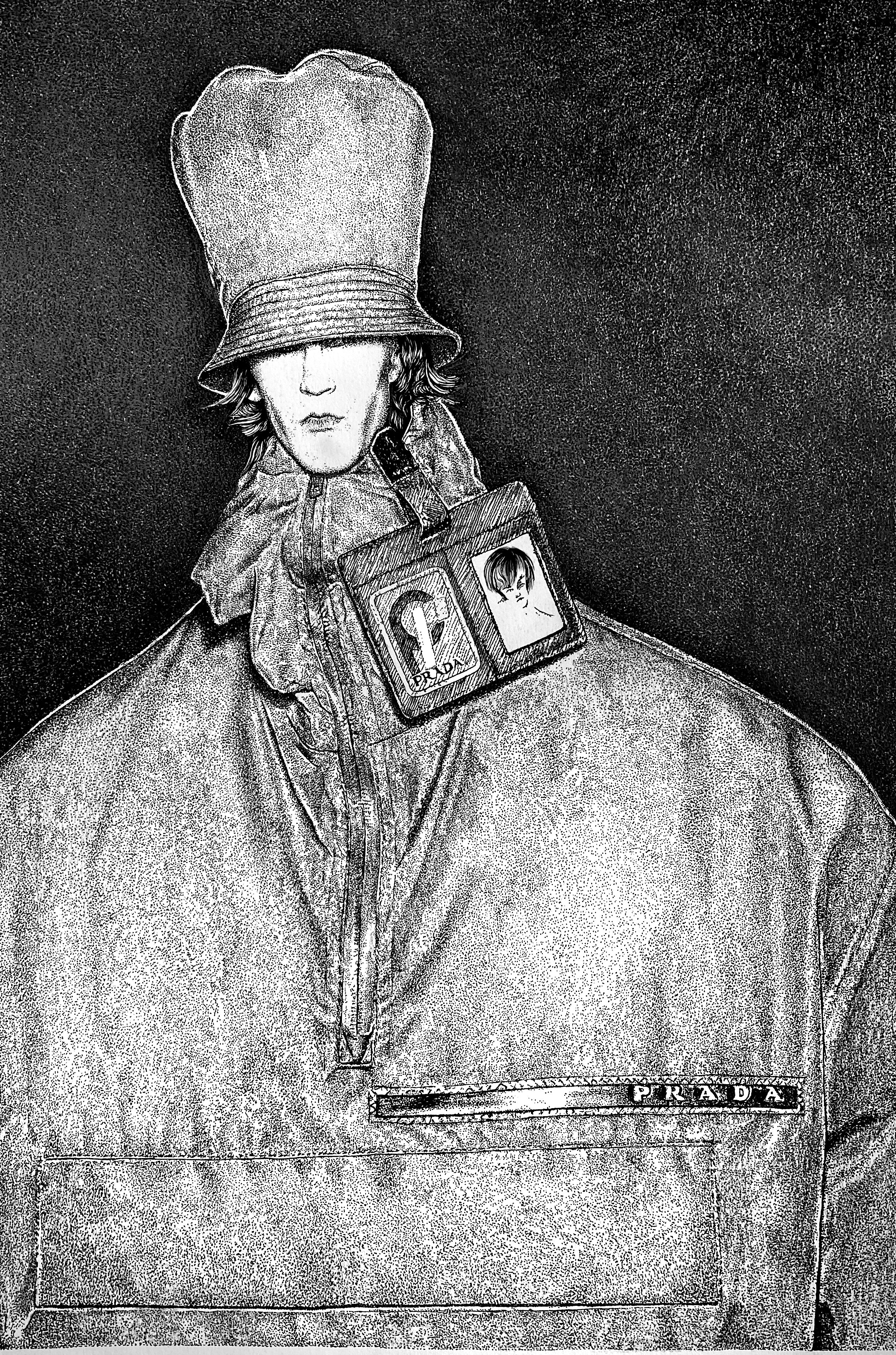Retrouvez chez Acid Gallery les oeuvres de Franziska Schütz, galerie d'art contemporain, Vieux Lille | Pigment liner, crayon et feuille d'or sur papier 180g / m2 Pigment liner and pencil on paper 180g/m2 Dimensions A3 29,7 x 42 cm Illustration d'un look du défilé Prada FW 2018 pour homme Illustration of a look from the Prada FW 2018 menswear show Unique 2020
