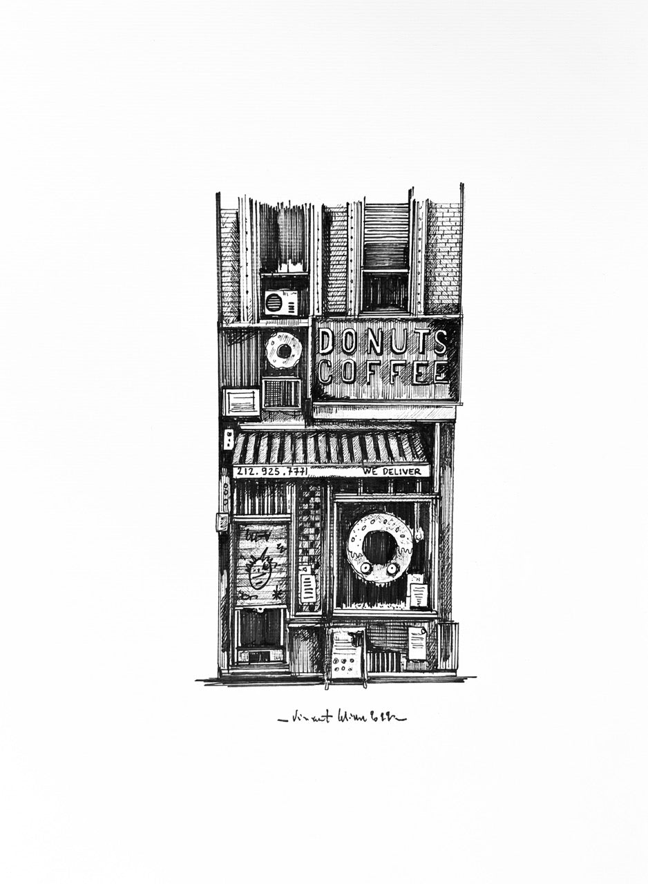 Vincent Lelièvre « Donuts Coffee » | Pièce Unique  Bic et encre sur papier 29,7 x 42 cm (Format A3) 33 x 45 cm encadré