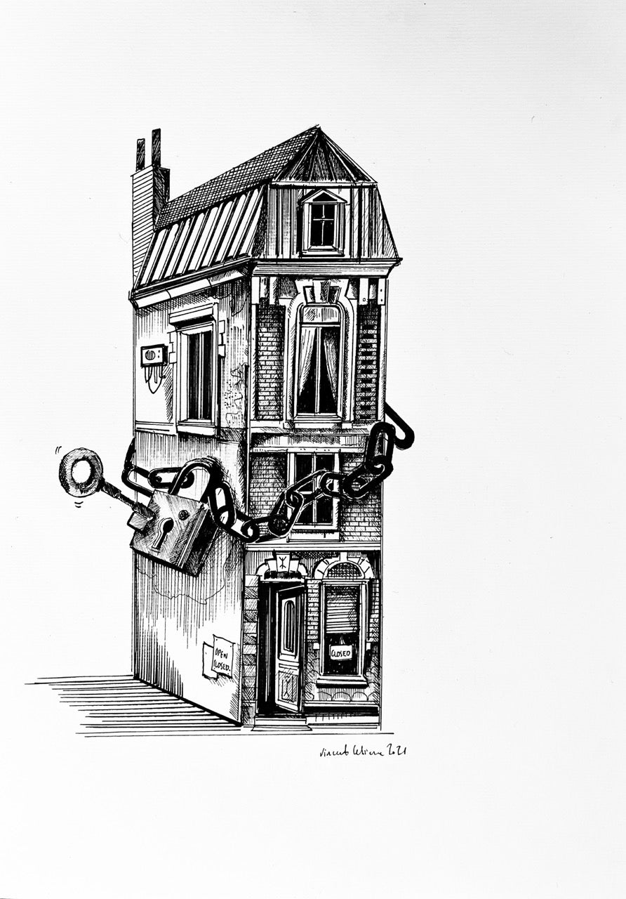 Vincent Lelièvre « Lockdown » | Pièce Unique  Bic et encre sur papier 29,7 x 42 cm (Format A3) 33 x 45 cm encadré