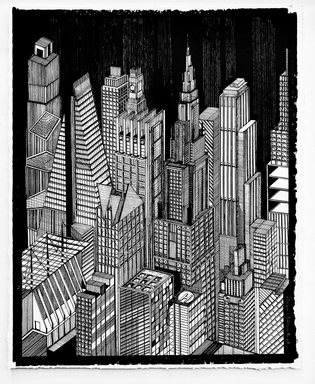 Vincent Lelièvre « Skycraper » | Pièce Unique  Bic et encre sur papier 46 x 56 cm 58 x 68 cm encadré