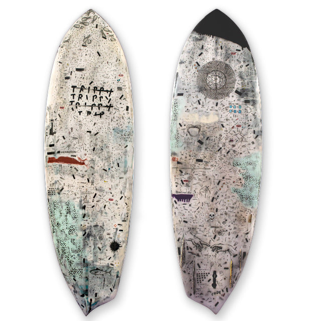 Sebastien Dominici Techniques mixtes et résine sur planche de surf   Mixed medias and resin on surf board - 160 x 50 cm - Unique - 2021